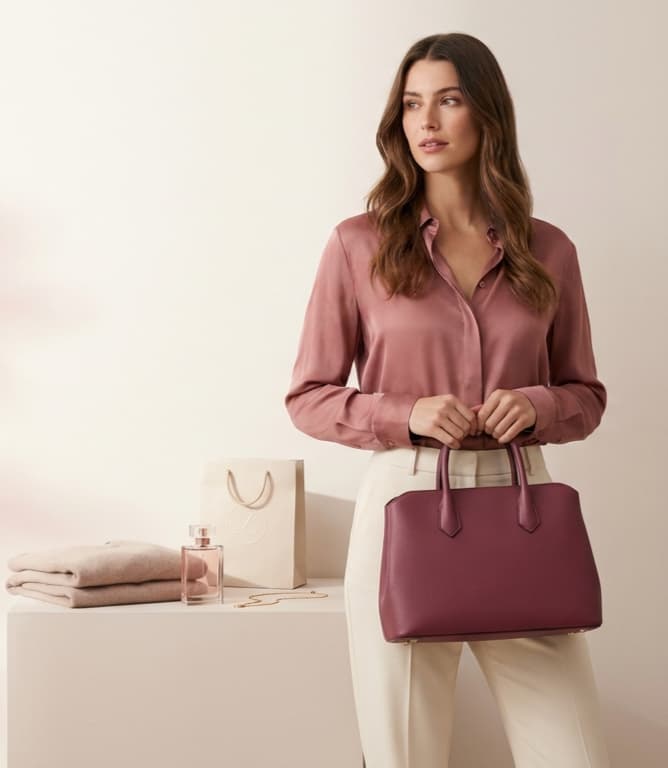 Model wearing a mulberry silk blouse and carrying a burgundy leather tote from the Liora collection