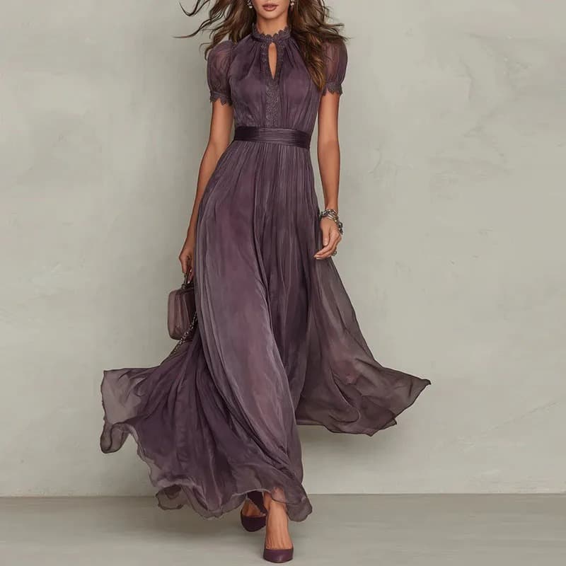 Long Dress O Neck High Waist Pleated Party Dress Summer Short Sleeve Flowy Maxi Dresses